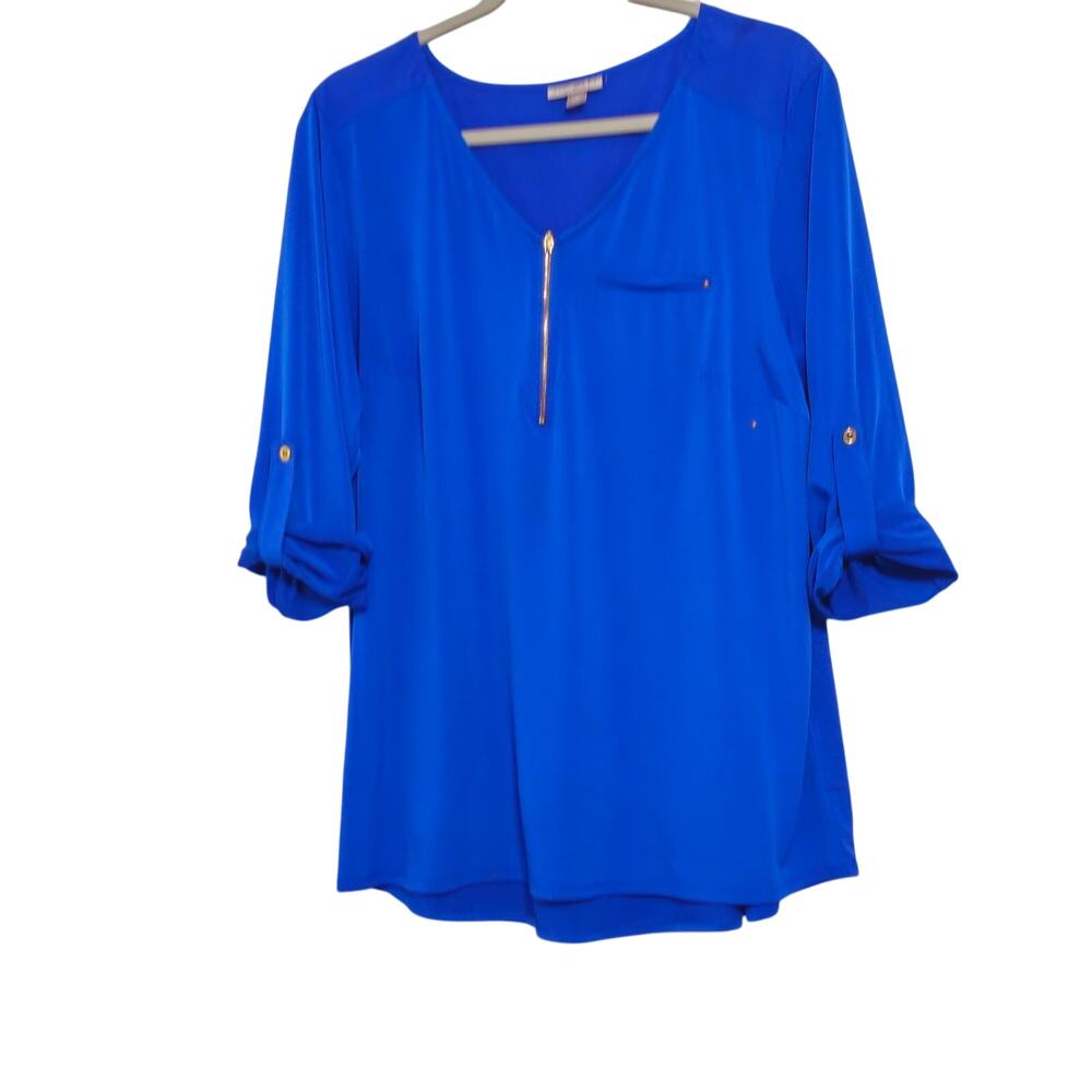 Roz Ali Blouse Women Size 1x Blue Zipper Detail Roll Tab Sleeves
